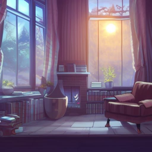 Cozy Library Nook with Fireplace, Anime Key Visual