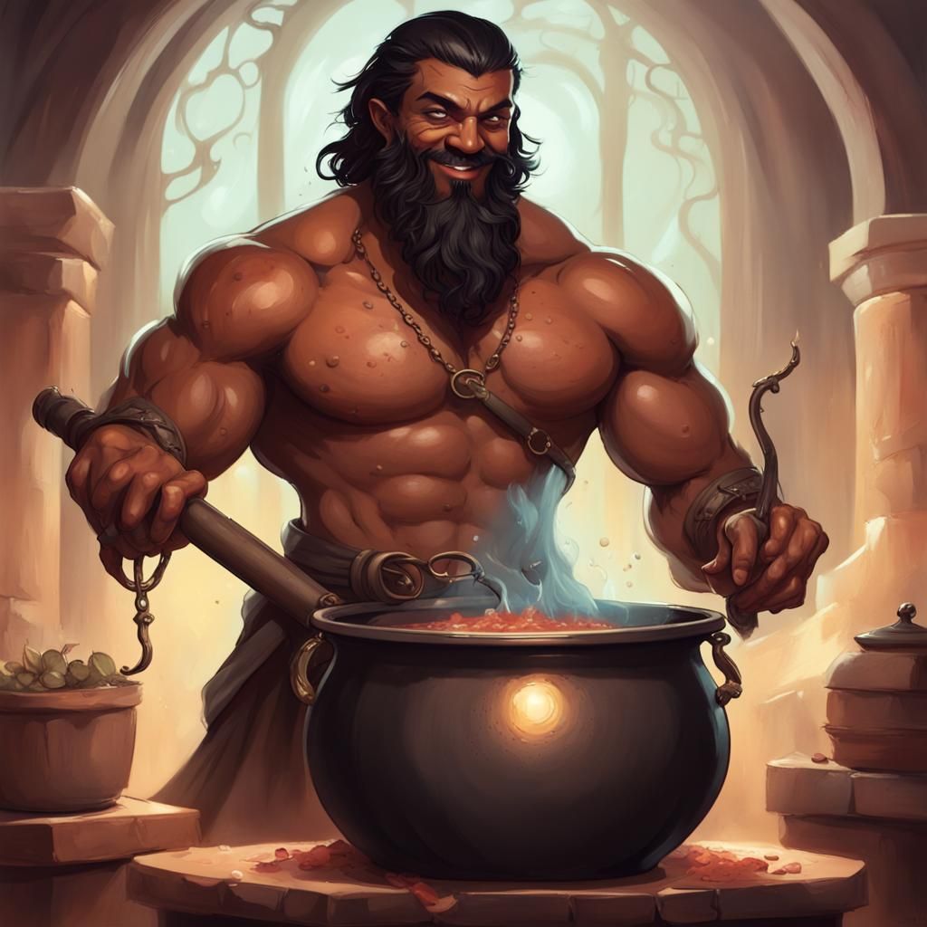 Fantasy Character Portrait: Muscular Sorcerer Brewing Potion
