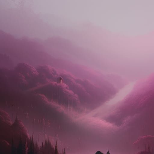 Valley in Serene Fog: Matte Oil Digital Painting