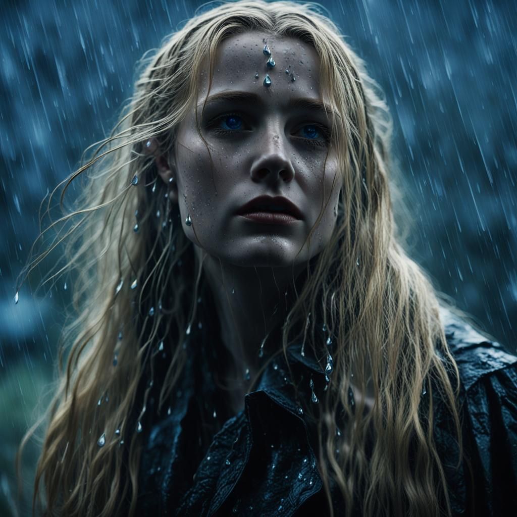 Gothic Horror: Woman in Rain with Eerie Glow