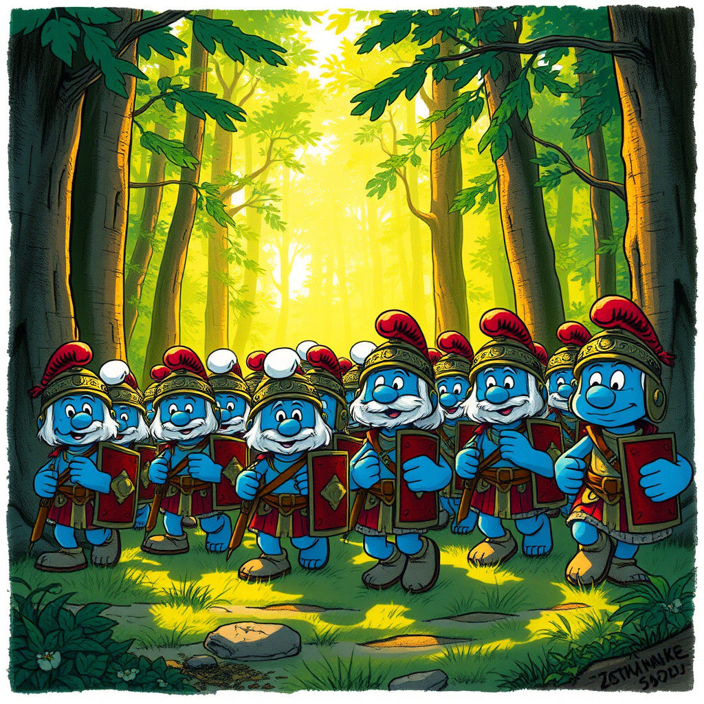 Smurfs as Roman Legion in Enchanted Forest