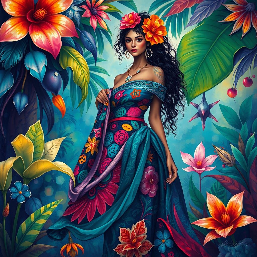 Surreal Tropical Goddess in Vibrant, Eclectic Style