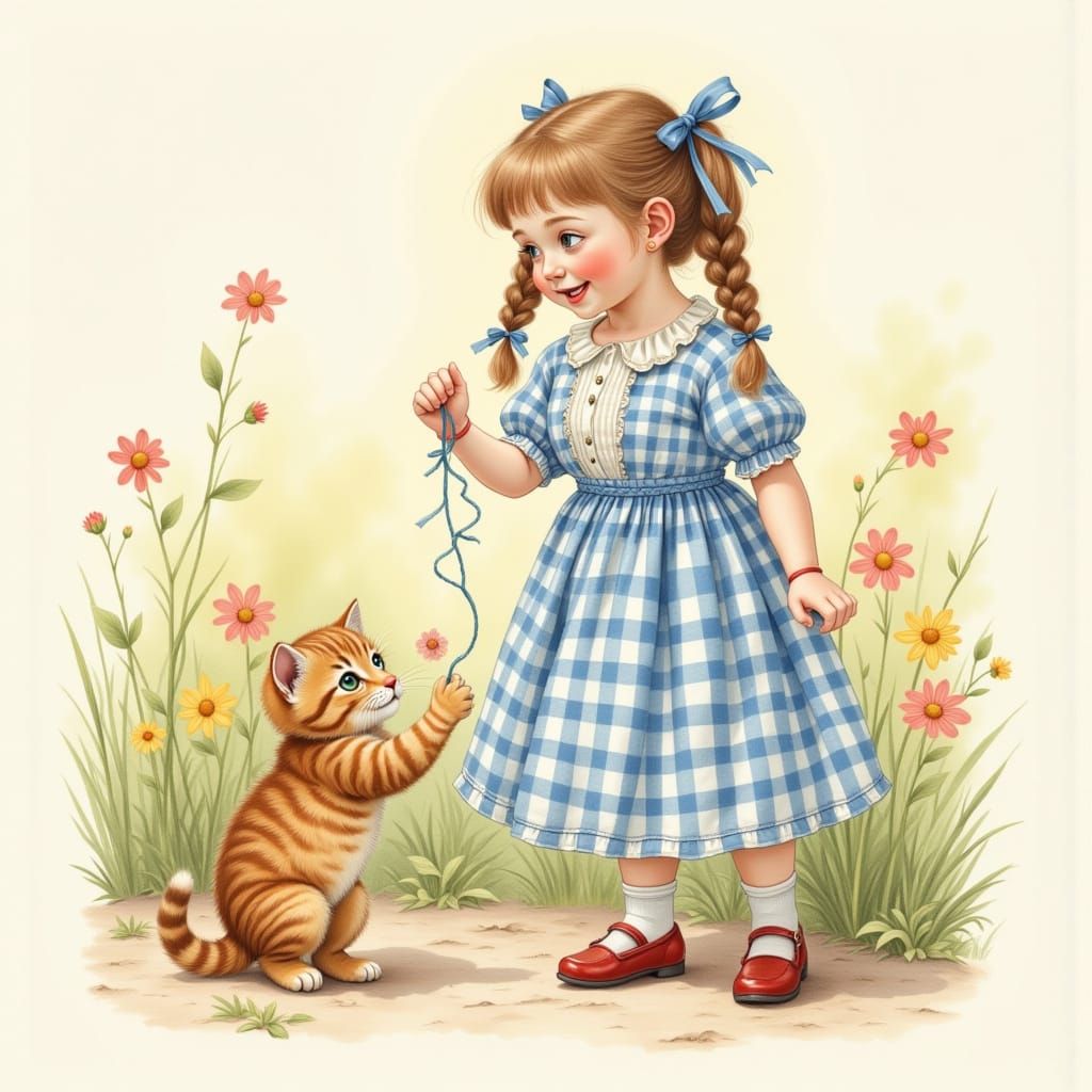 Girl Plays With Kitten in Whimsical Storybook Style