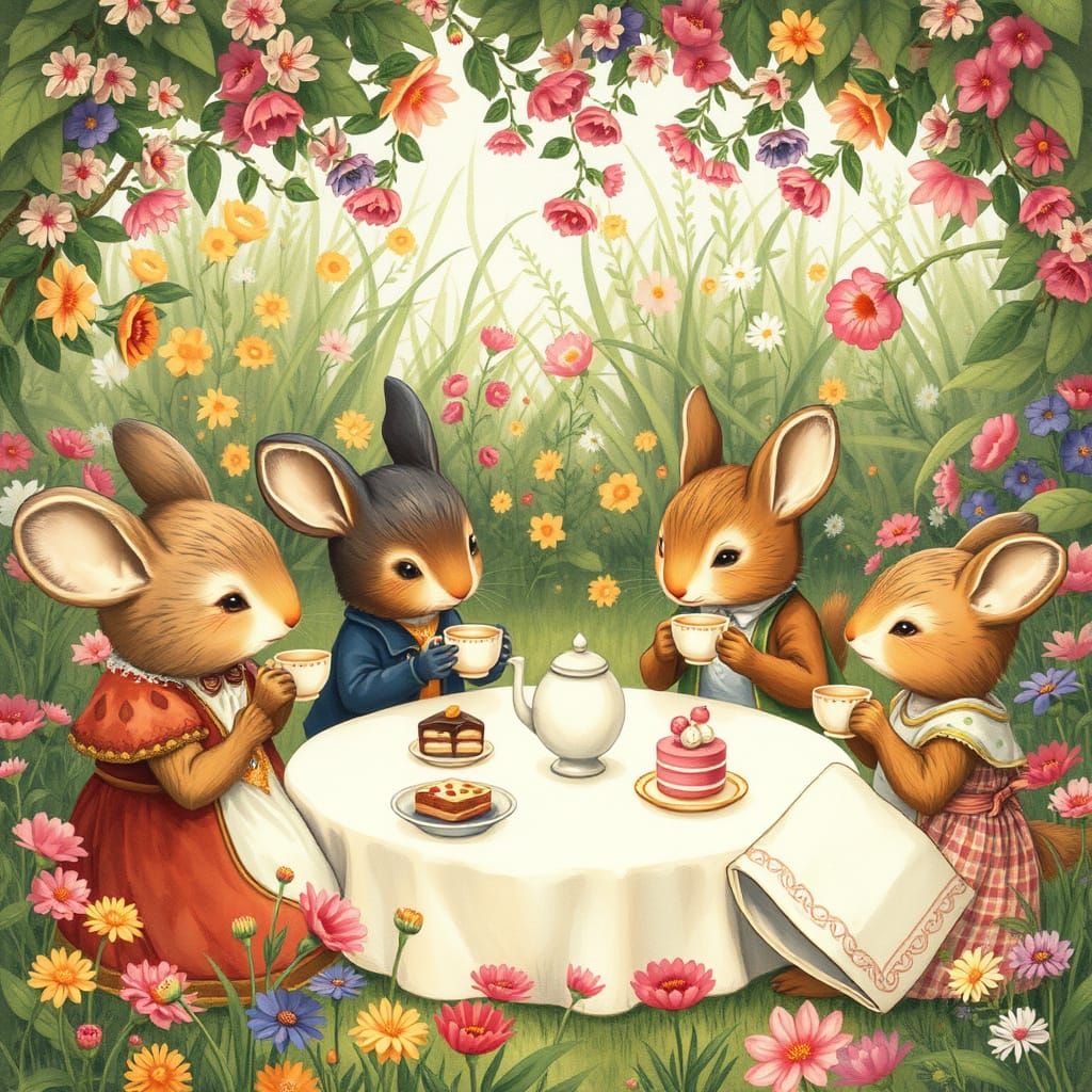 Whimsical Animals Enjoy Tea Party in Enchanting Garden