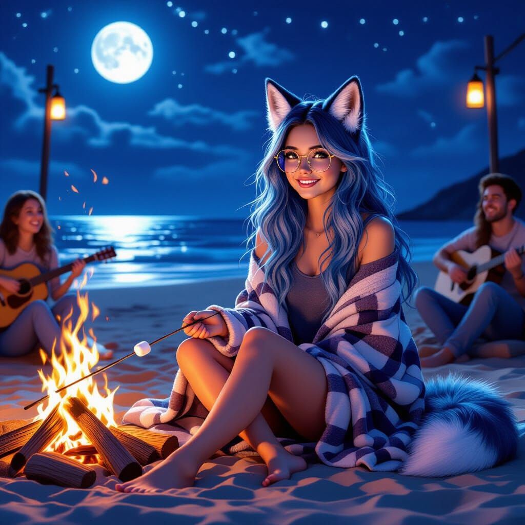 Blue-Haired Fox Girl by Bonfire on Moonlit Beach