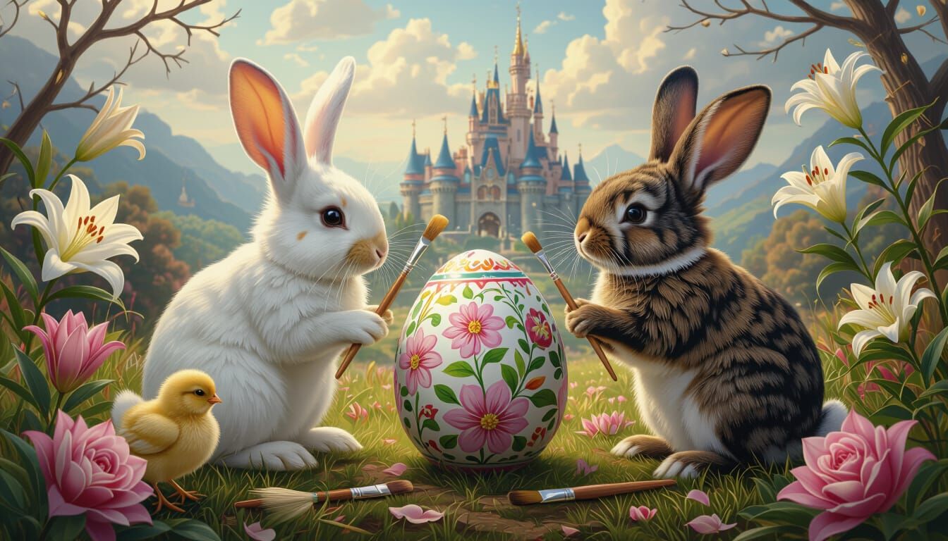 Rabbits and Chick Painting Easter Egg in Fairytale Landscape