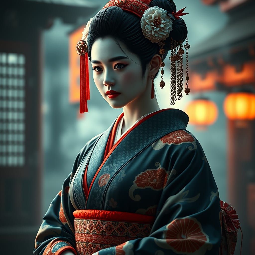 Beautiful Geisha in Traditional Wedding Kimono, Hyperrealist...