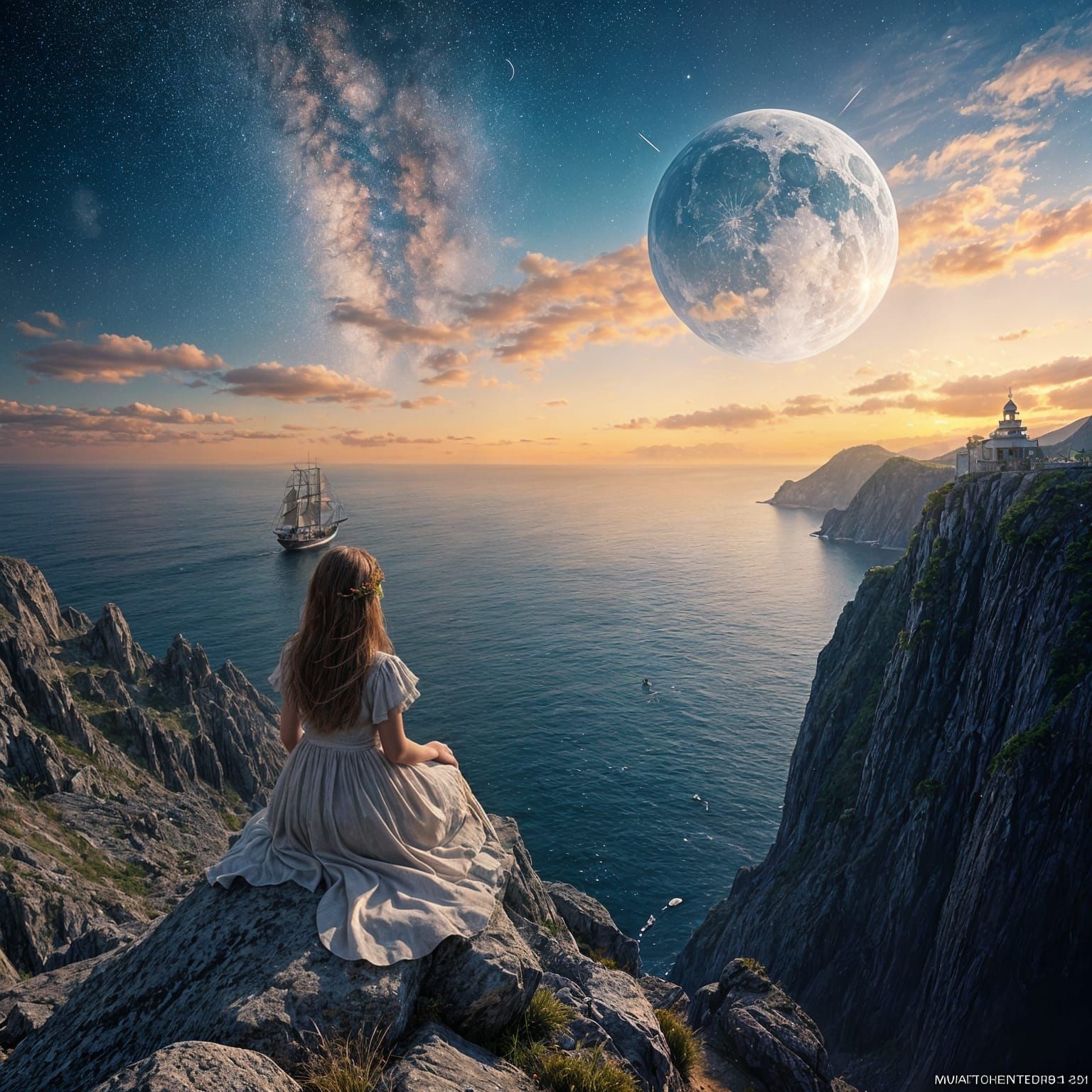 Girl Gazes at Evening Sea with Sailing Ship