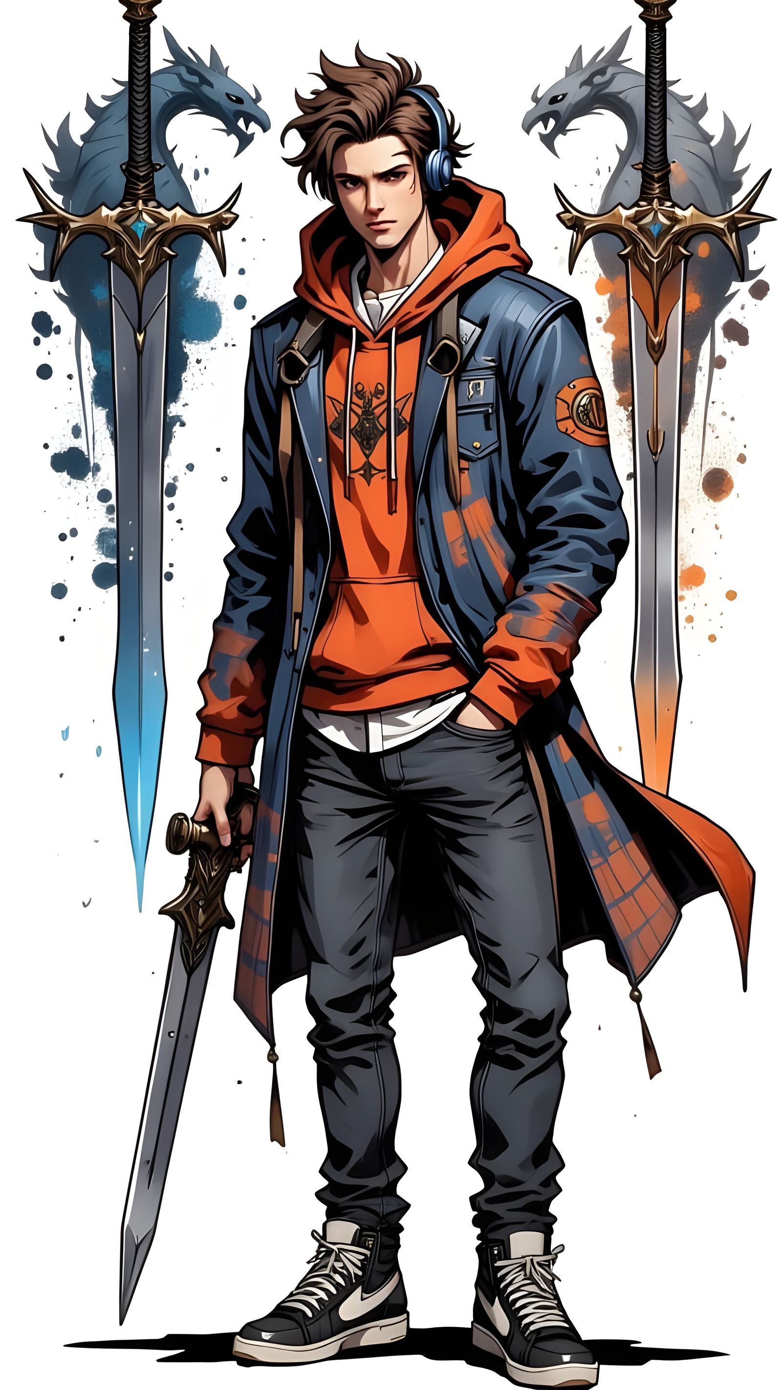 Man with Floating Swords in Anime Style