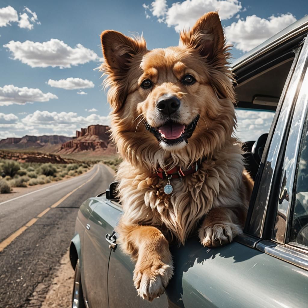 Fluffy Dog on Route 66: A Realistic Car Ride