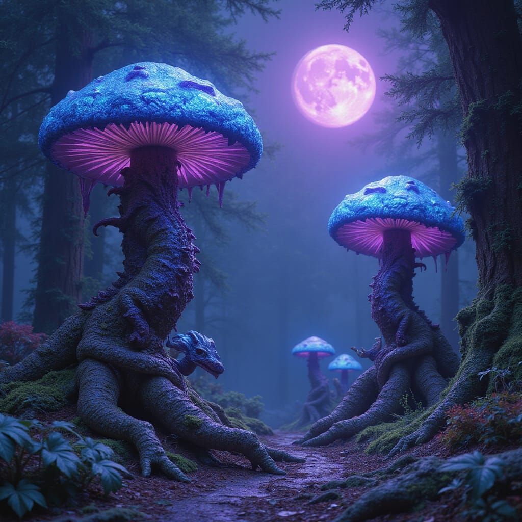 Ancient Alien Dragons in a Fungal Forest Under a Purple Moon