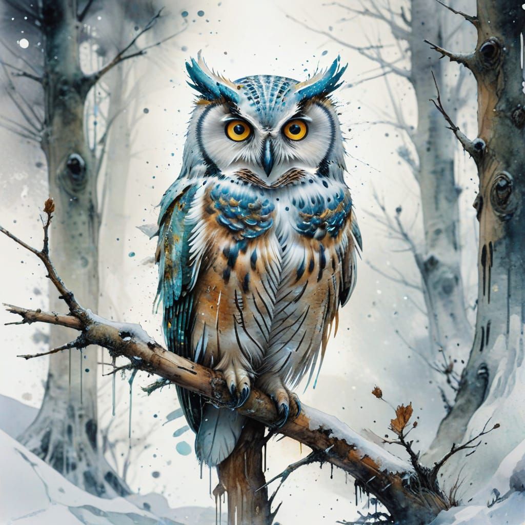 Winter Owl in Watercolor with Surrealist Elements