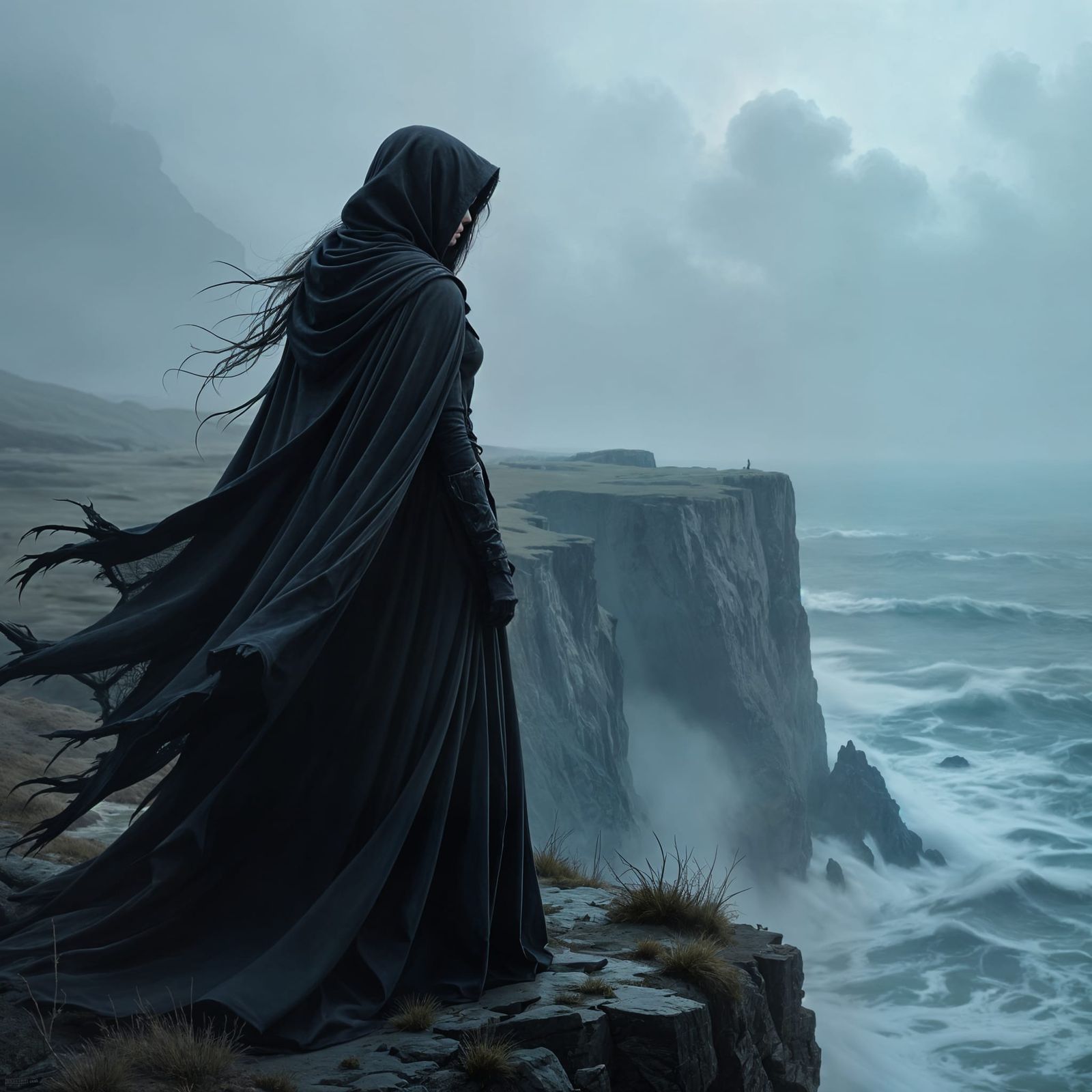 Dark Fantasy Sorceress on Desolate Cliff Overlooking Sea