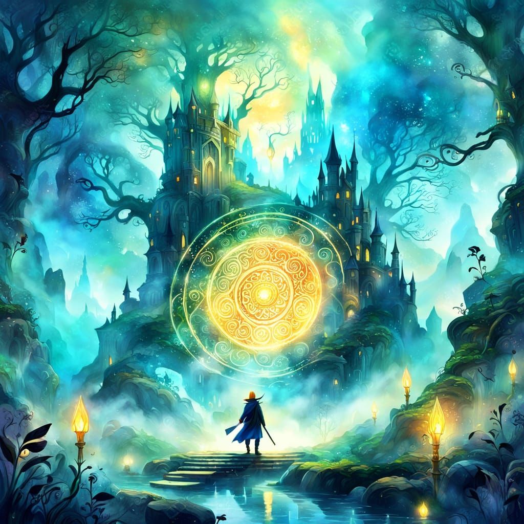 Explorer in Mystical Land: Watercolor Fantasy Art