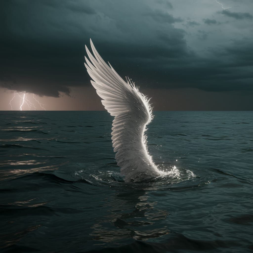 Feathered Wing Falls Into Dark Ocean: Surreal Realism