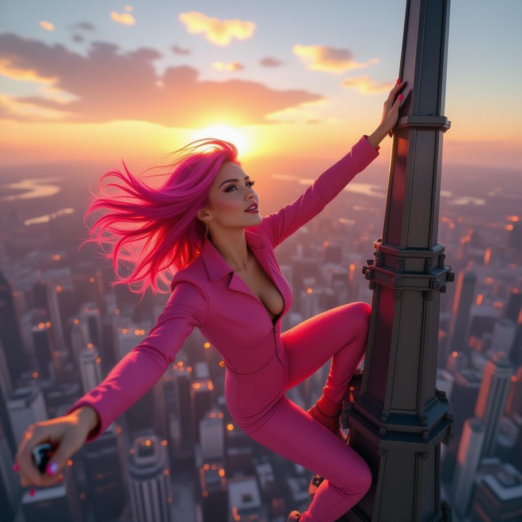 Woman in Pink Jumpsuit on Spire Taking Selfie
