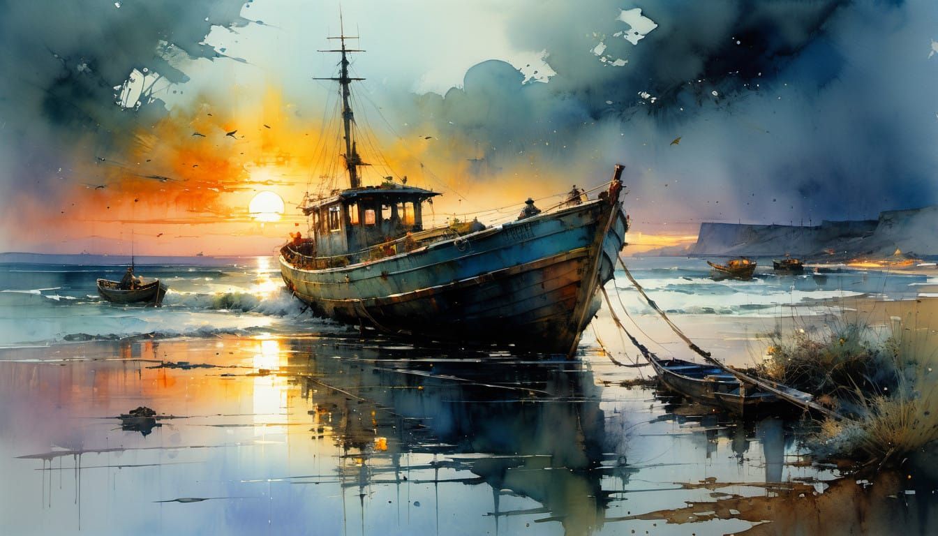 Watercolor Fairytale Fishing Boat at Sunset