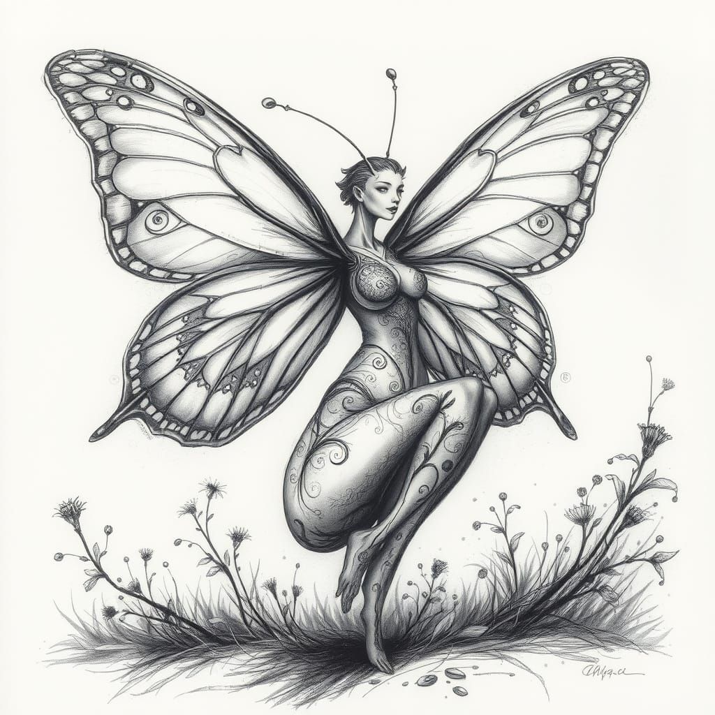 Ethereal Winged Human in Charcoal