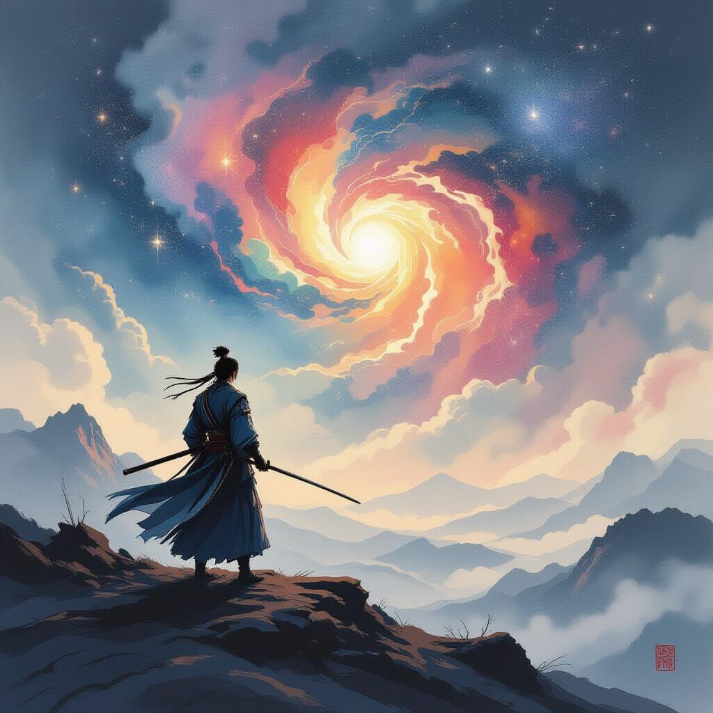 Samurai Warrior Gazes at Cosmic Nebula on Windswept Peak