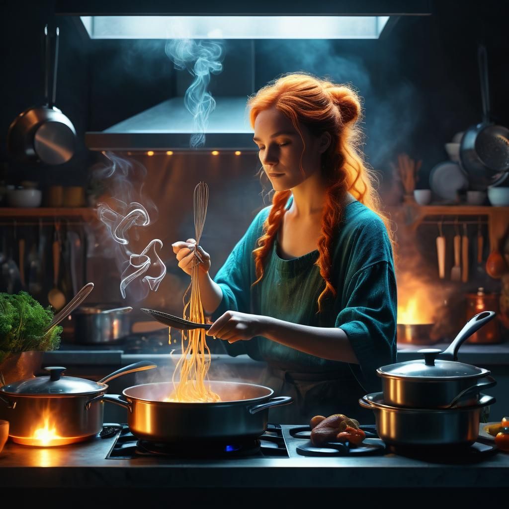 Celtic Woman Cooking with Mystic Creature in Neon Kitchen