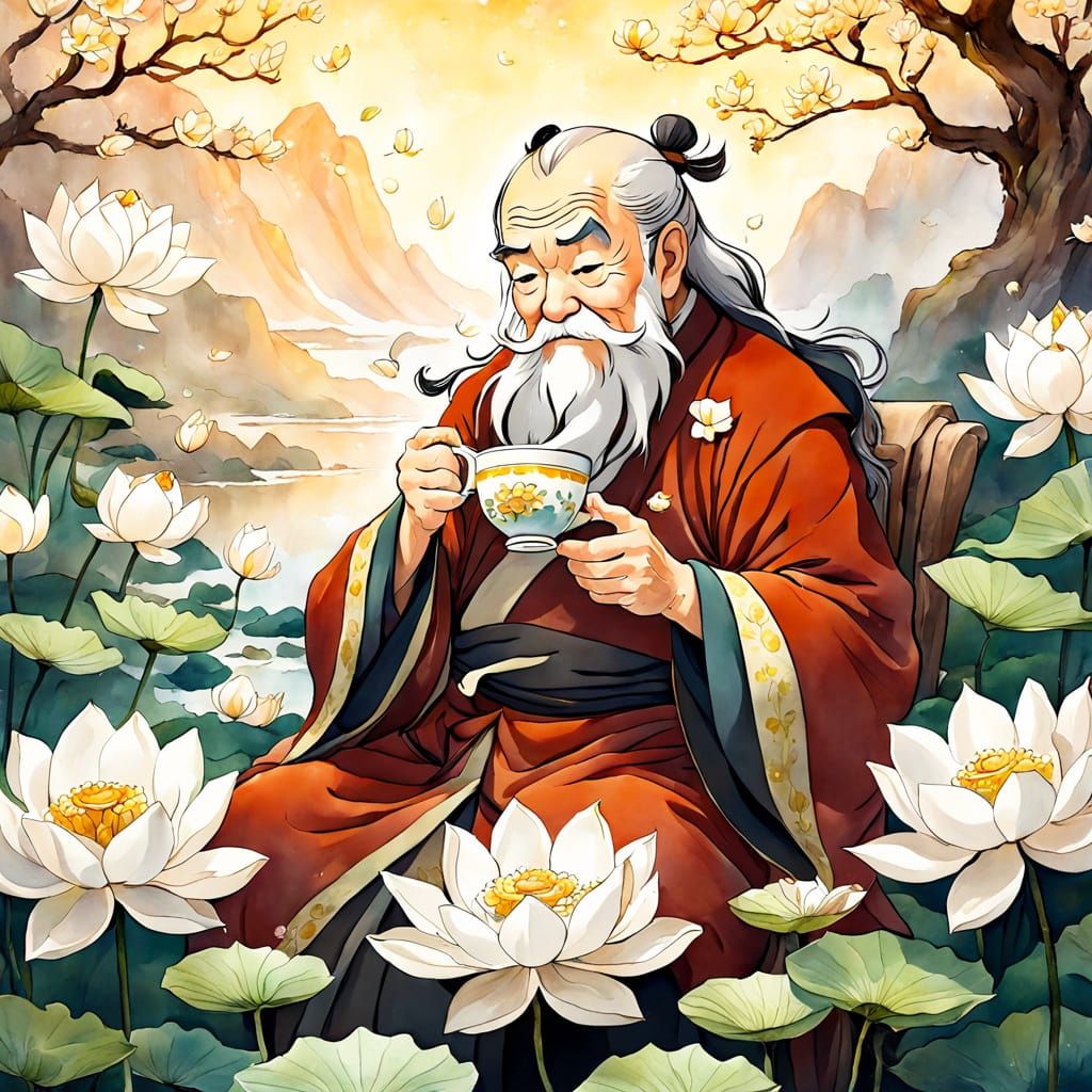 Uncle Iroh Sips Tea Amidst Delicate White Lotus Blooms