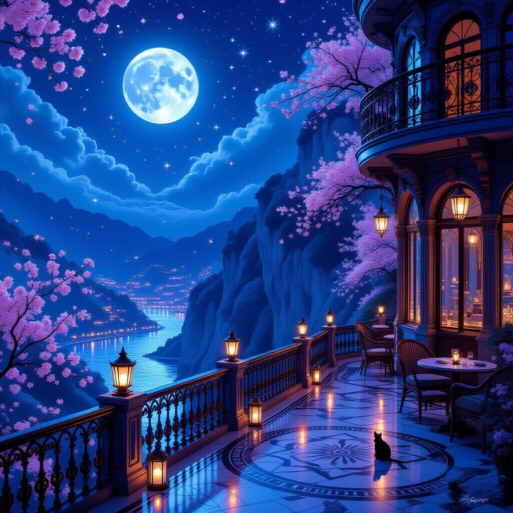 Moonlit Cliffside Café with Cherry Blossoms in Fantasy Reali...
