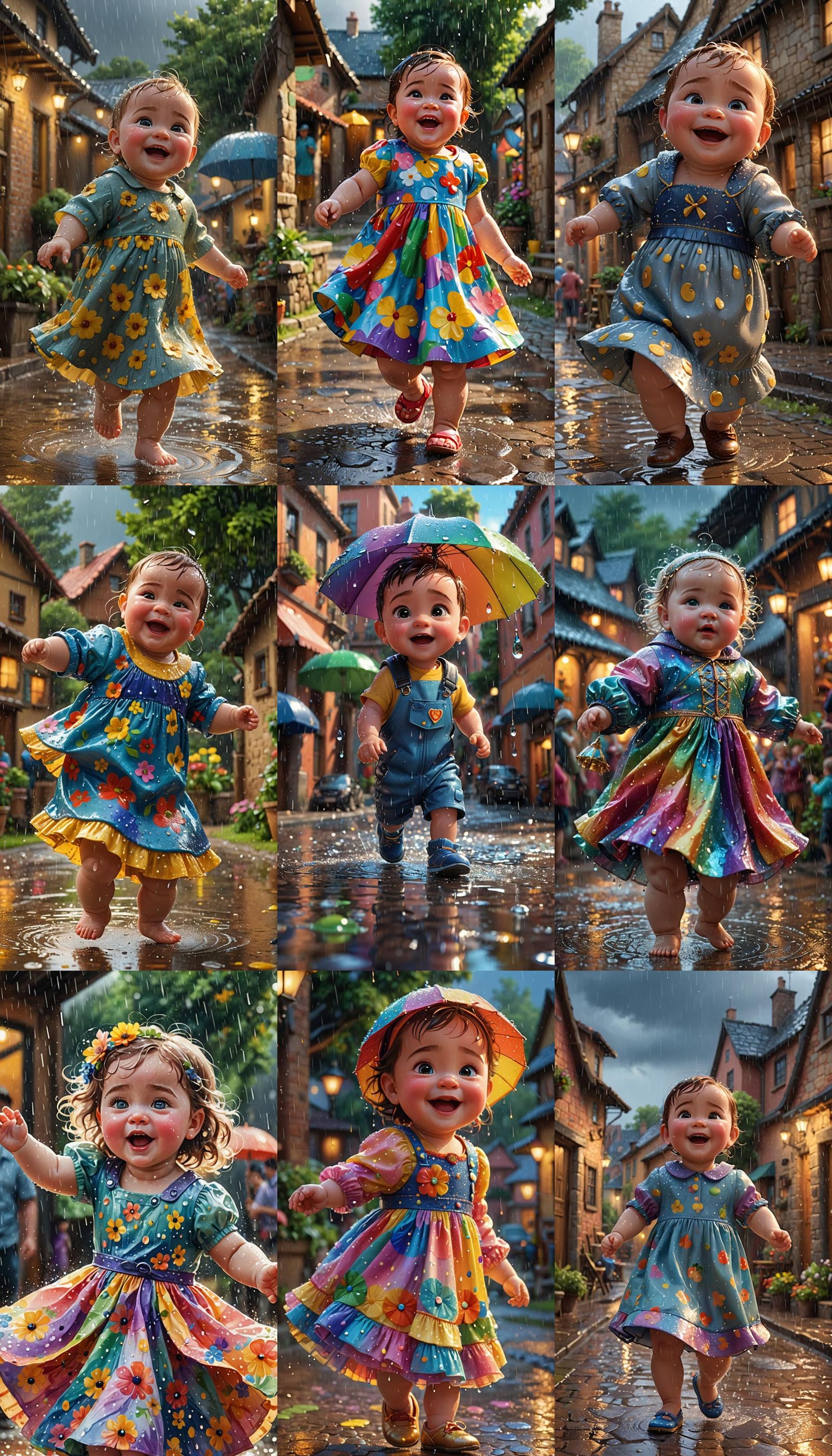A Joyful Baby Girl Dances in the Rainy Village