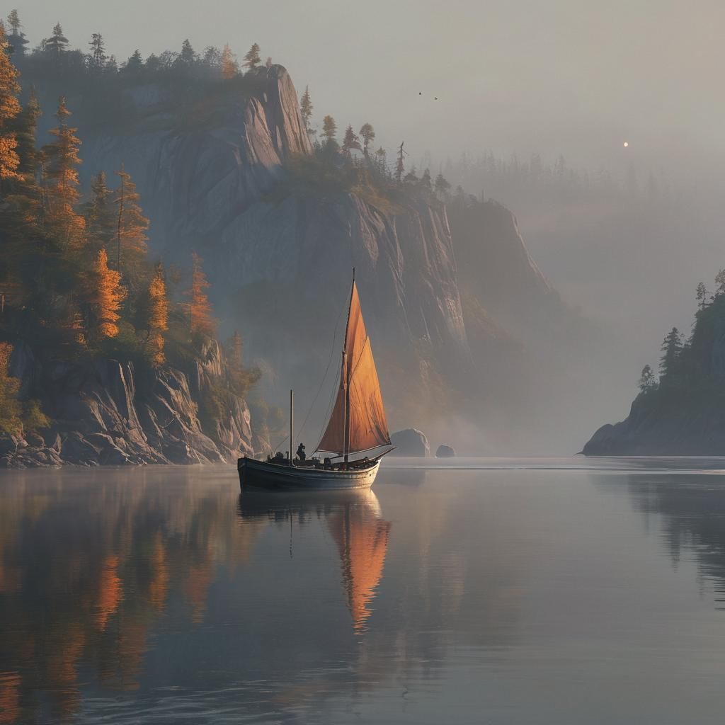 Mystical Boat Sails Through Misty Fjord: Matte Painting