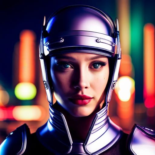Cyborg Girl in Neon City with Futuristic Armor
