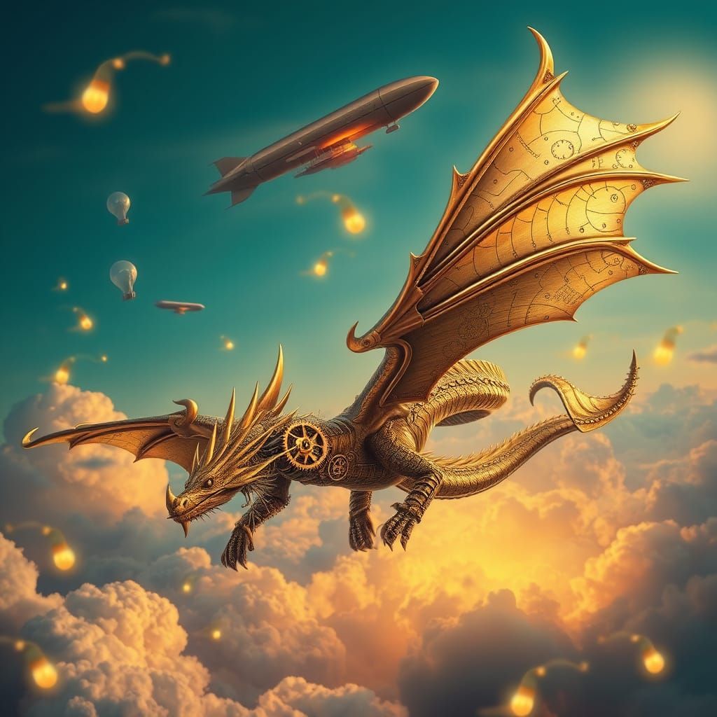 Steampunk Dragon Soaring Through Clockwork Skies