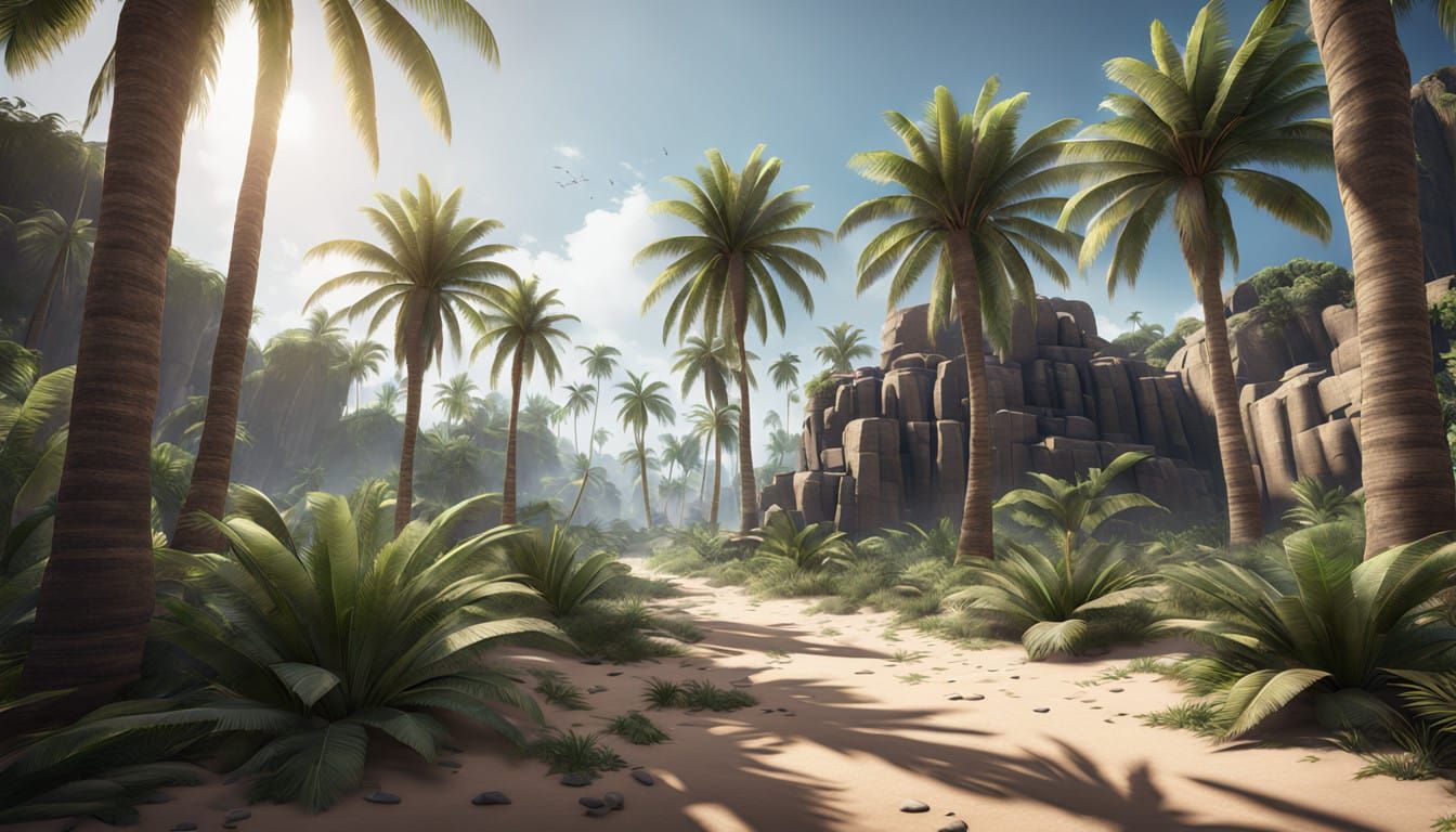 Surreal Maya Landscape with Palm Trees and Intricate Vegetat...