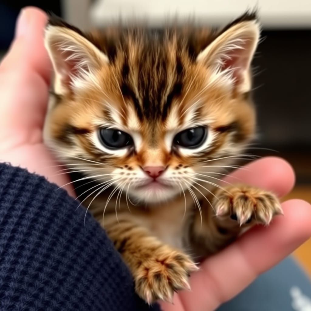 Grumpy Tiny Kitten Held in a Hand