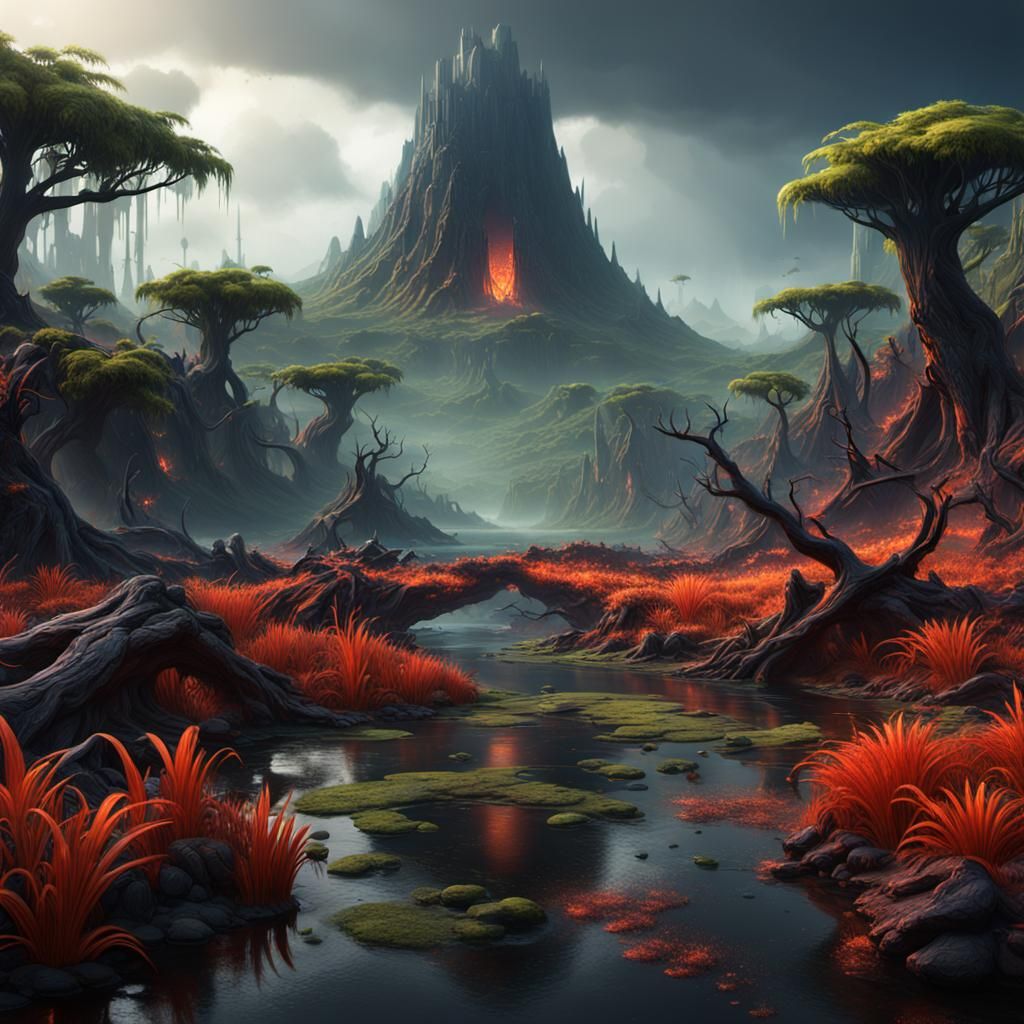 Fantastical Volcanic Swamp in Detailed Matte Painting