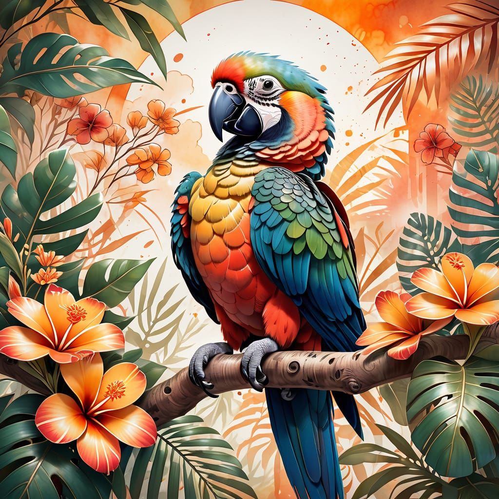 Tropical Parrot in Neo-Traditional Tattoo Style