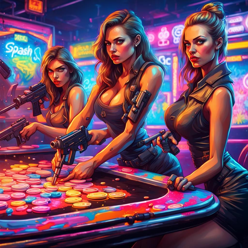 Glamorous Women with Guns at Casino in Graffiti Art