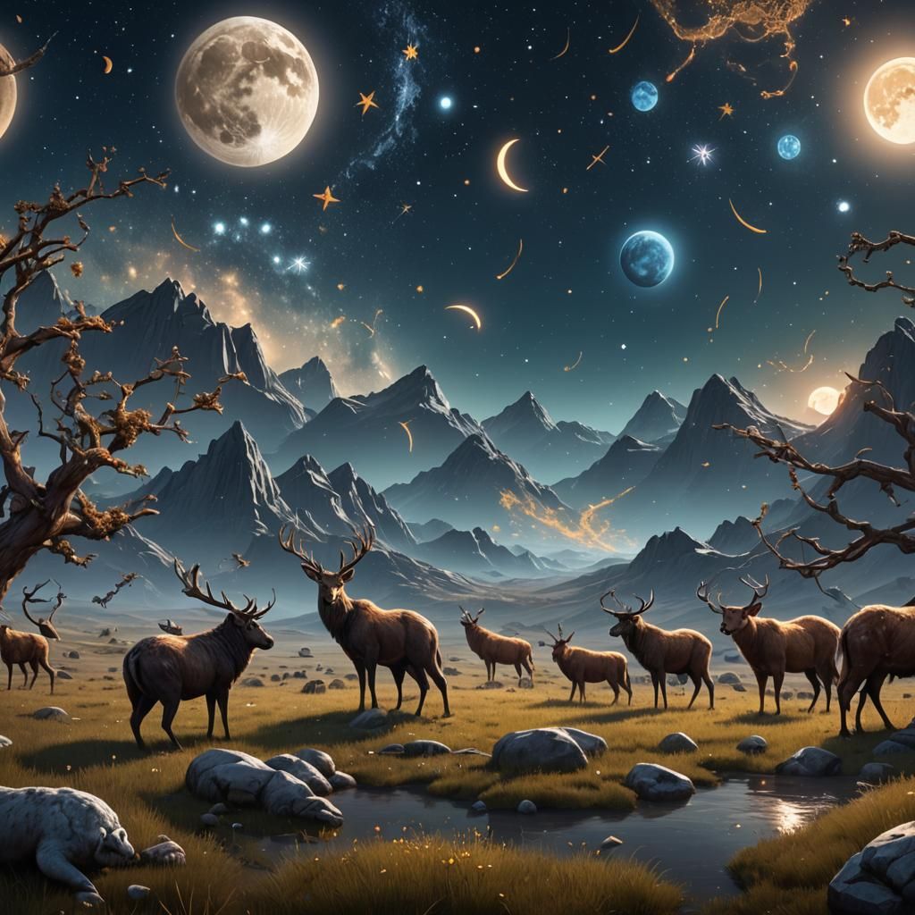 Zodiac Constellations, Moon, Animals: Detailed Matte Paintin...