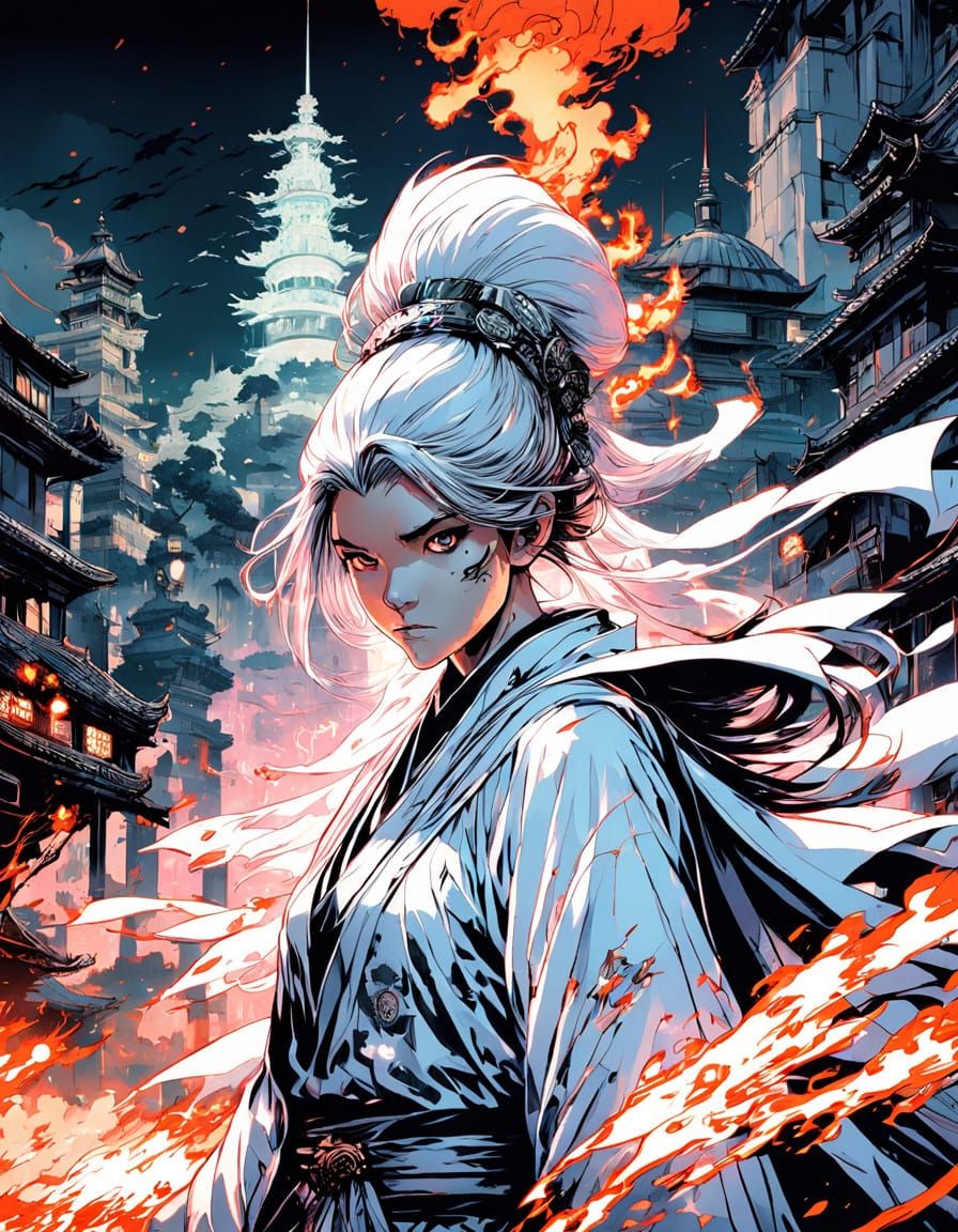 Cyberpunk Goddess Ignites Fiery Magic in Abandoned Park