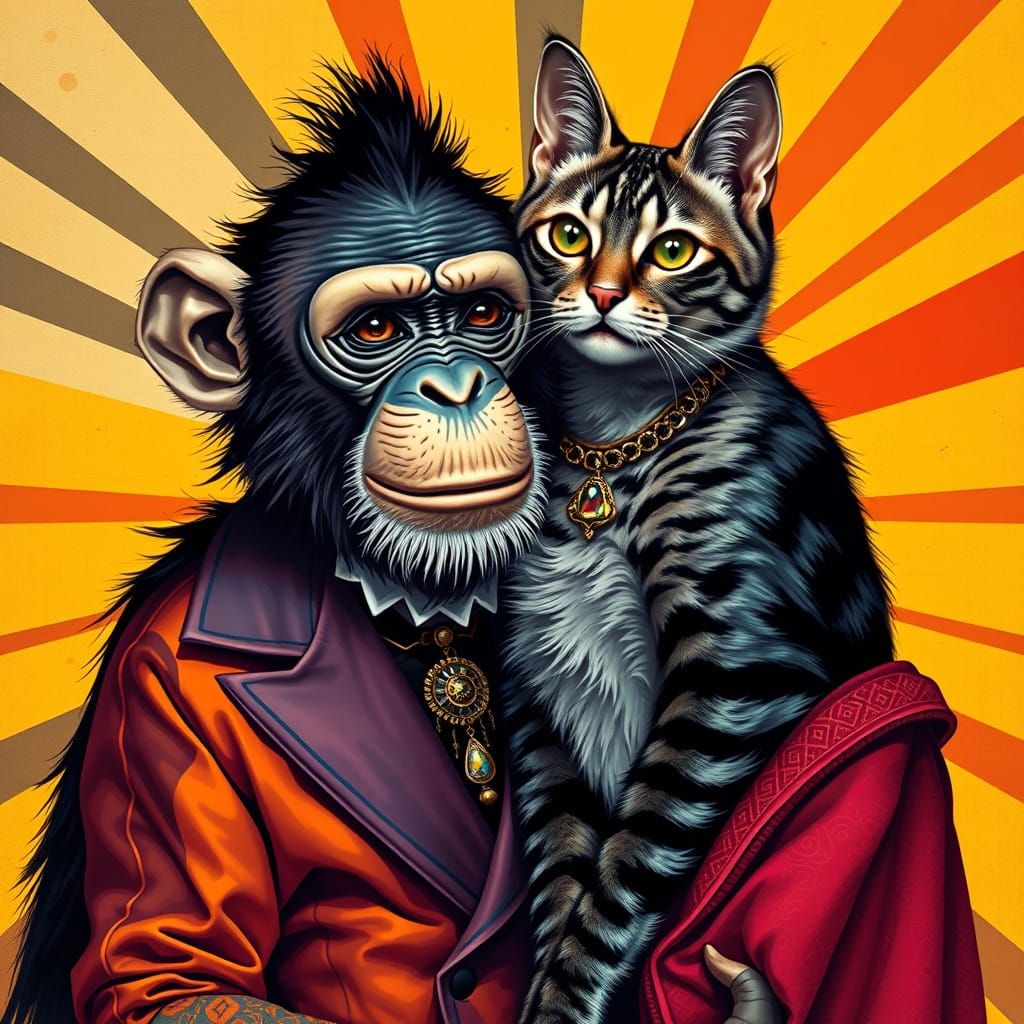 Vibrant Monkey and Cat in Art Deco Portrait with Pop Art Bac...