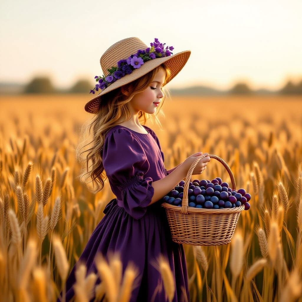 Girl in Purple Autumn Harvest Field