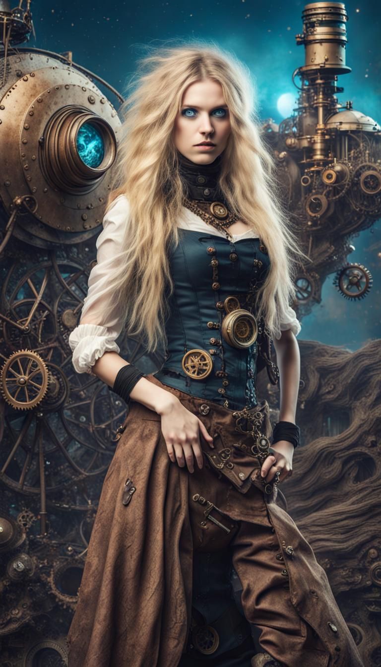 Enchanting Steampunk Girl on Cosmic Landscape