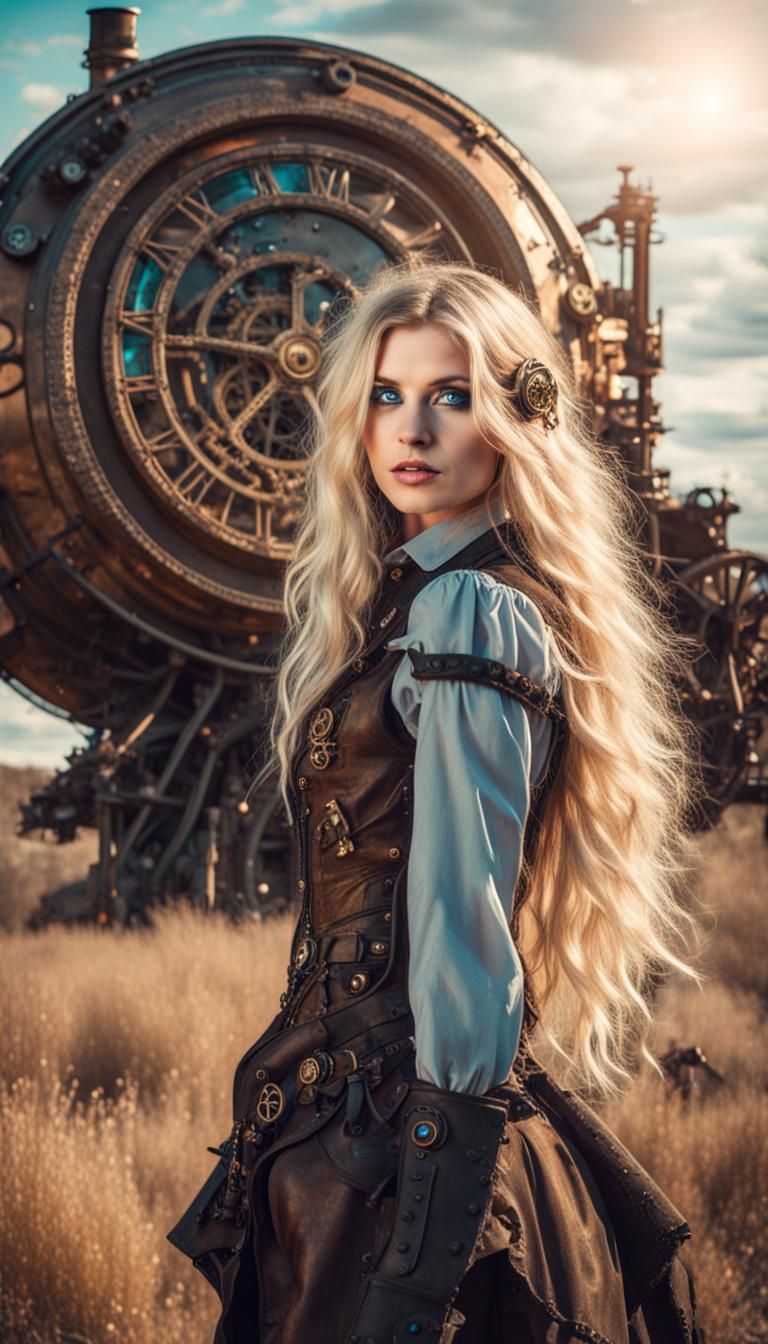 Mysterious Steampunk Girl in Cosmic Landscape