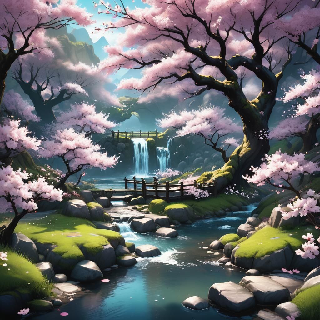 Cherry Blossom Stream: Detailed Matte Painting