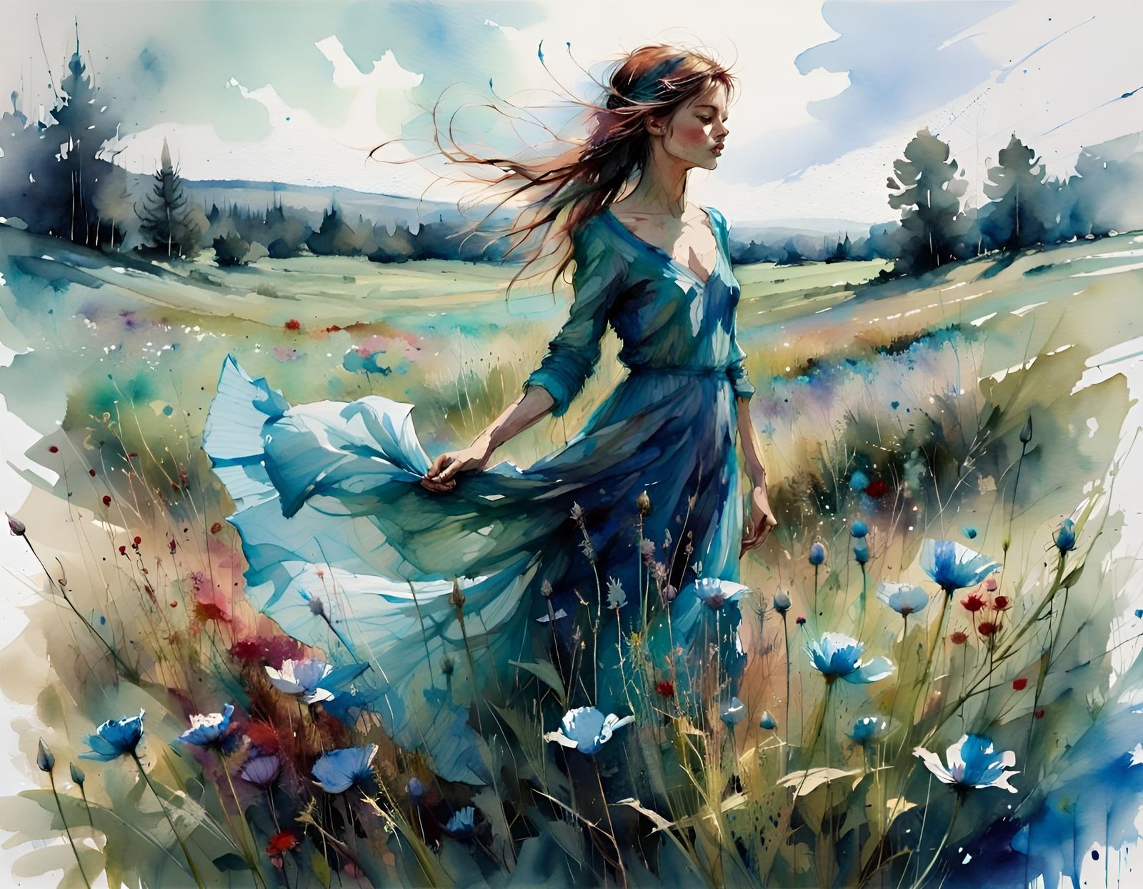 Bloom Meadow: Ethereal Watercolor Landscape