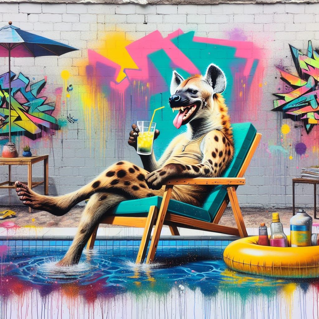 Hyena Sipping Lemonade in Pool, Street Art Style