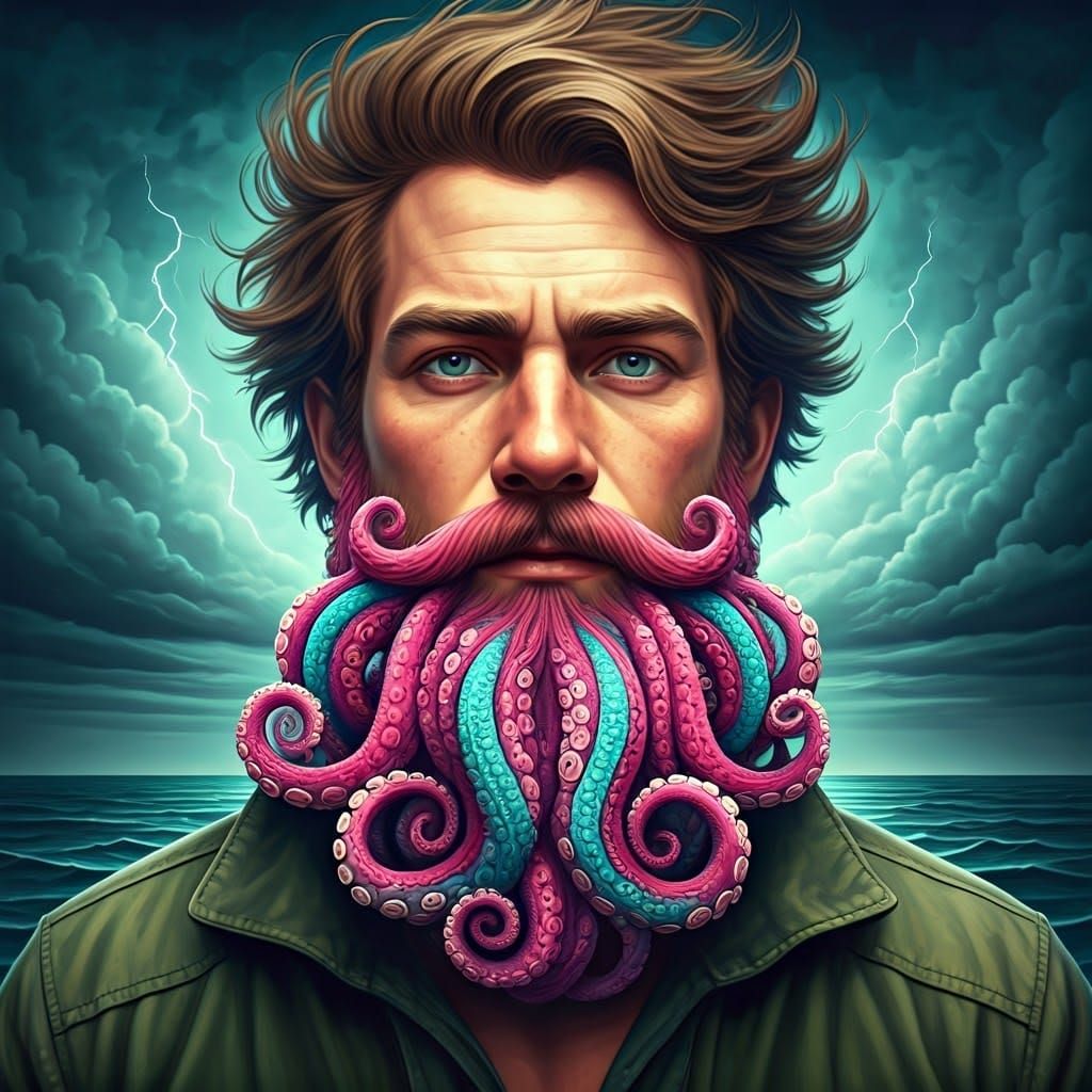 Whimsical Octopus Beard on Fisherman, Dreamlike Art