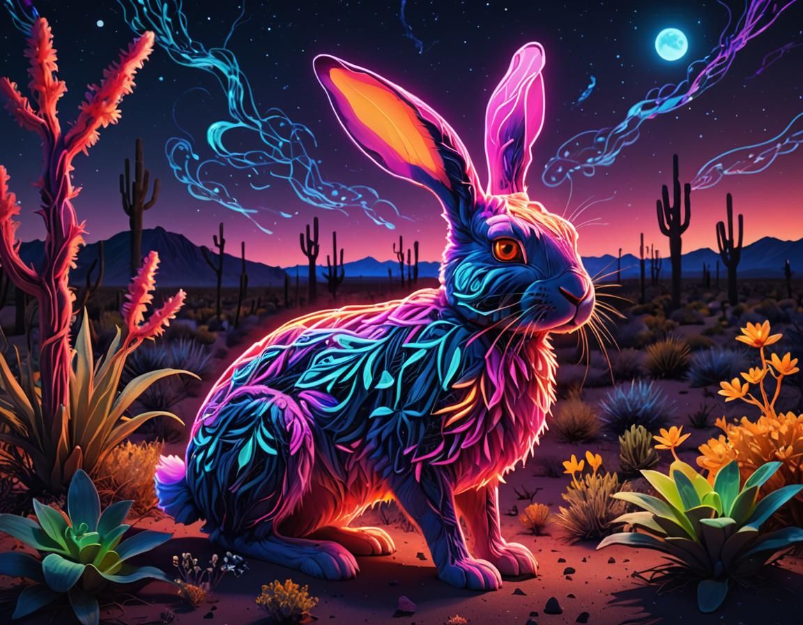 Neon Rabbit in Desert Dreamscape: Digital Art