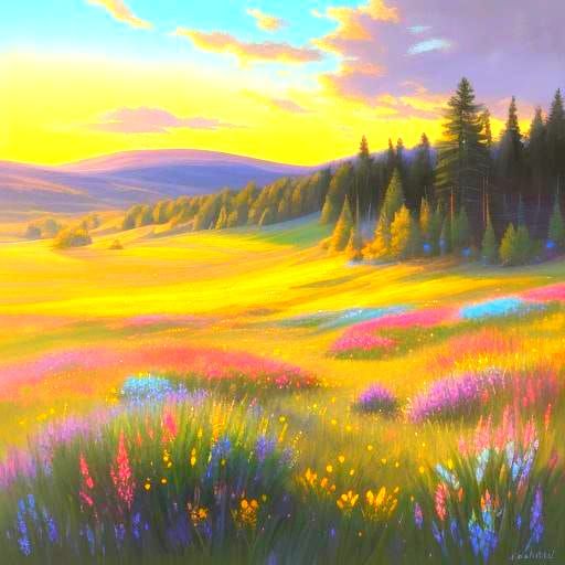 Sunrise Over Wildflower Meadow with Distant Birds