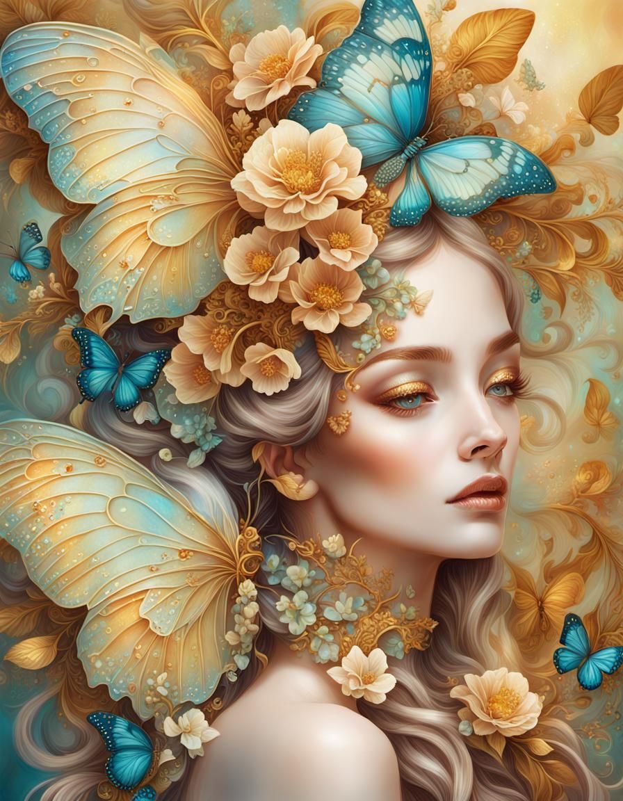 Woman with Butterfly Headpiece: Mixed Media Portrait