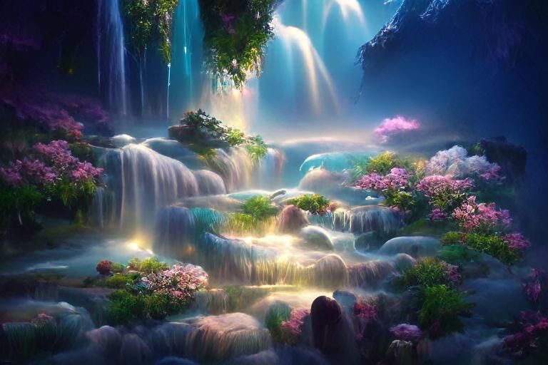 Magical Waterfall Scene in Rococo Ghibli Style