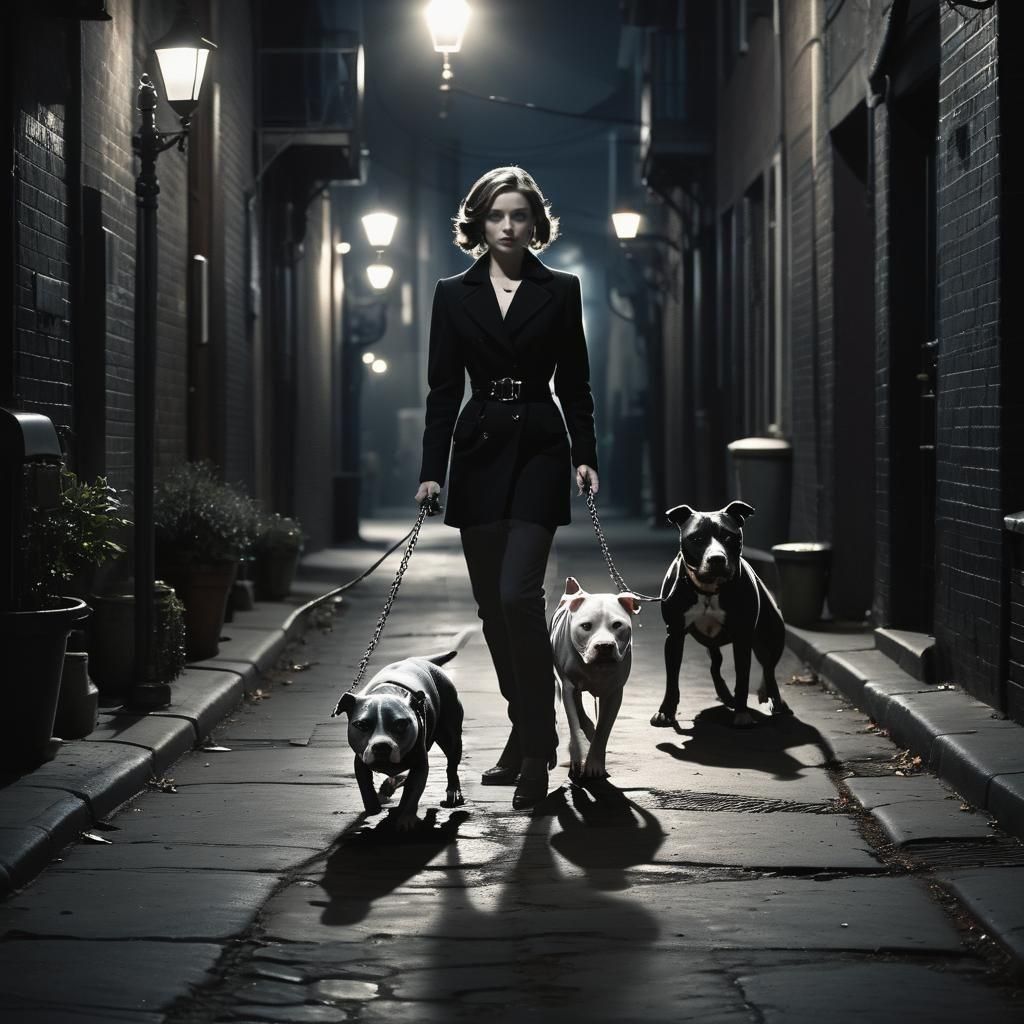 Woman Walking Pitbull with Chain in Alleyway